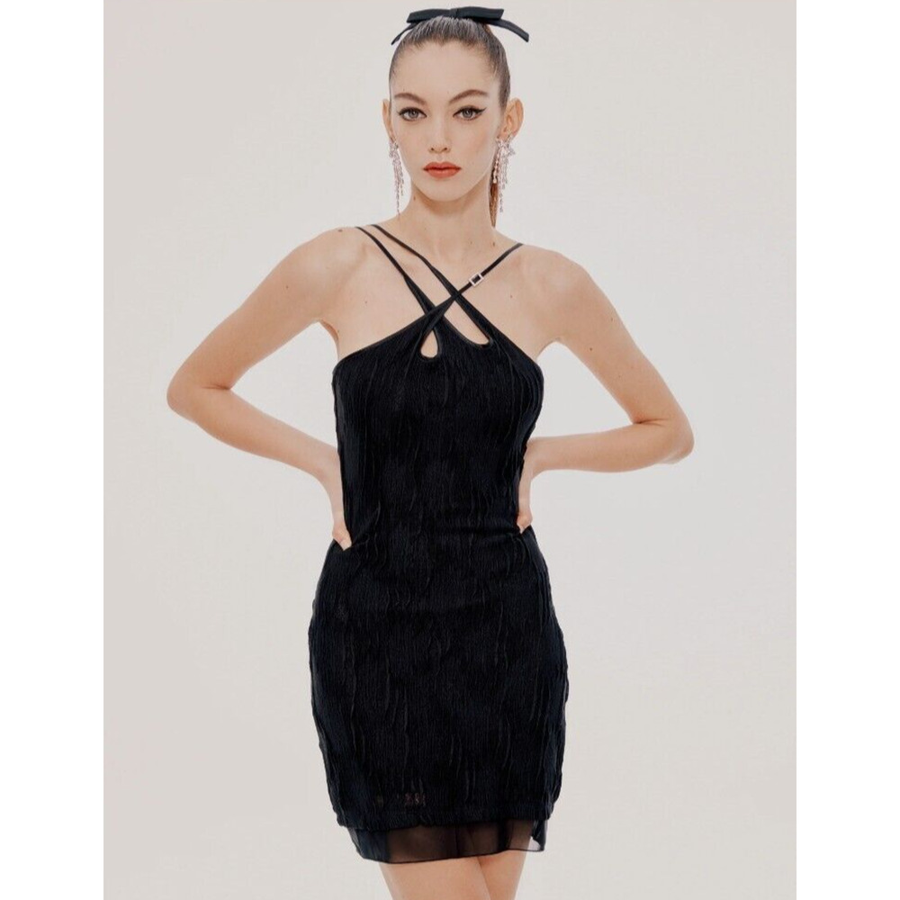 Nana Jacqueline Franca LBD Stretch Mini Dress Rhinestone On Strap Large NWT $368